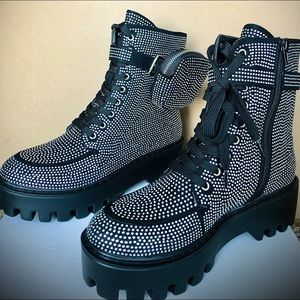 Boots - Black Bamboo rhinestone embellished combat boot